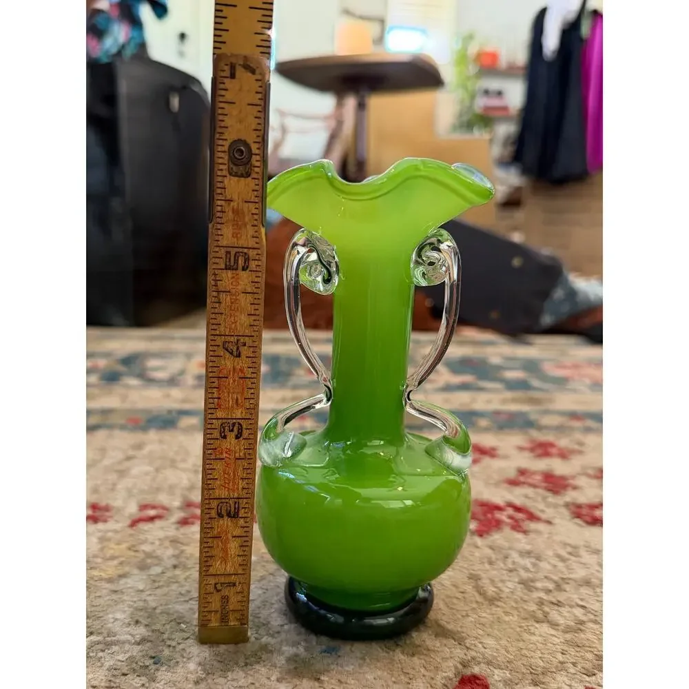 Vintage Blown Glass Double Applied Handle Vase Green Fluted Ruffled Rim
